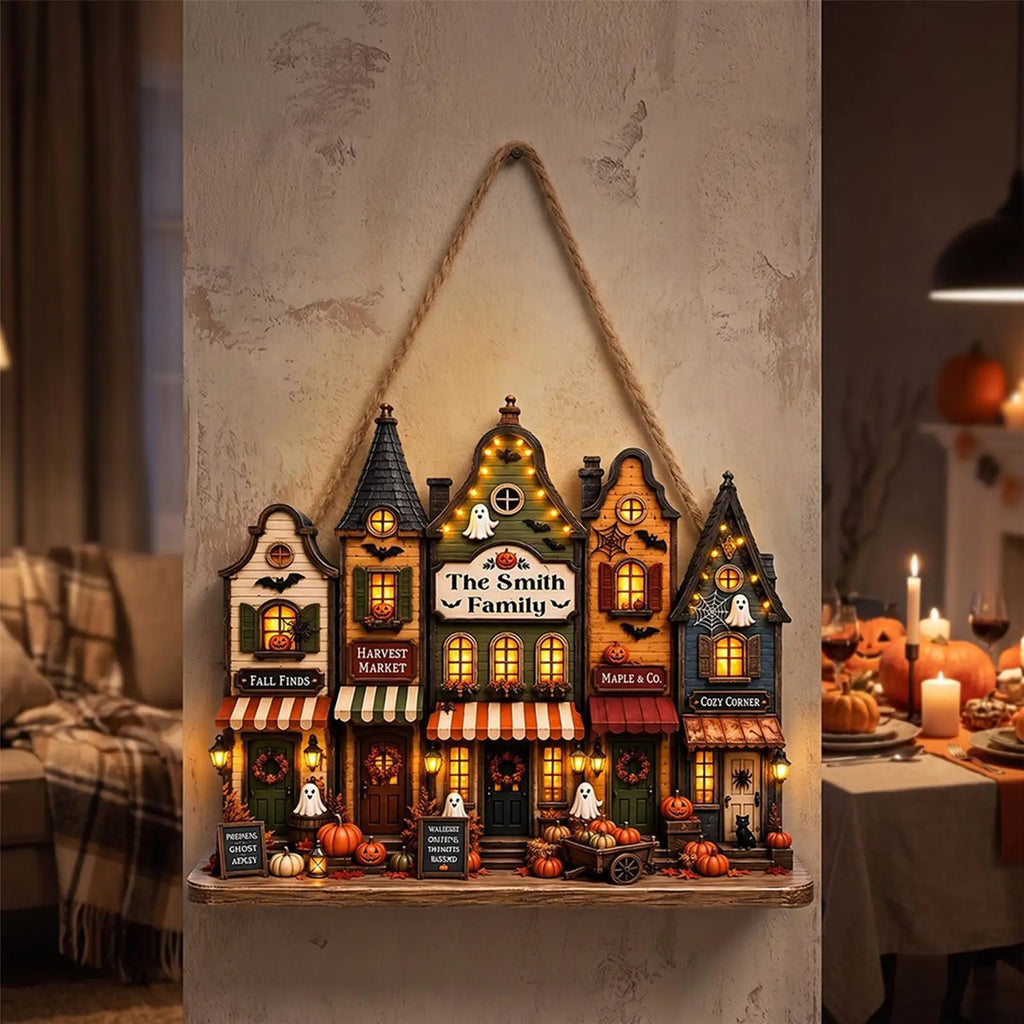 Halloween Town Wooden Ornaments 2D Wooden Ghost Castle Pumpkin House Style Courtyard Entrance Wall Decoration Doorplate