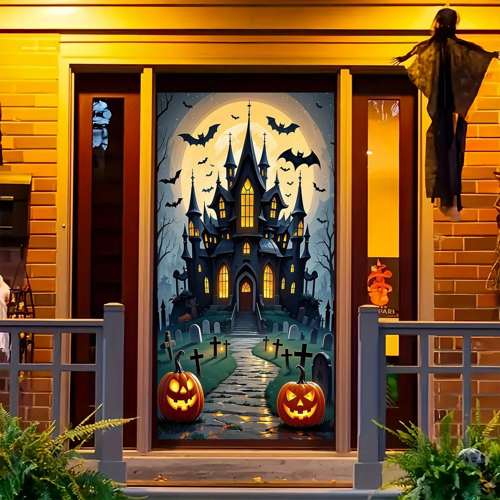 Scary Halloween Door Decoration - Polyester material, full moon and ghost castle design, perfect for party decoration