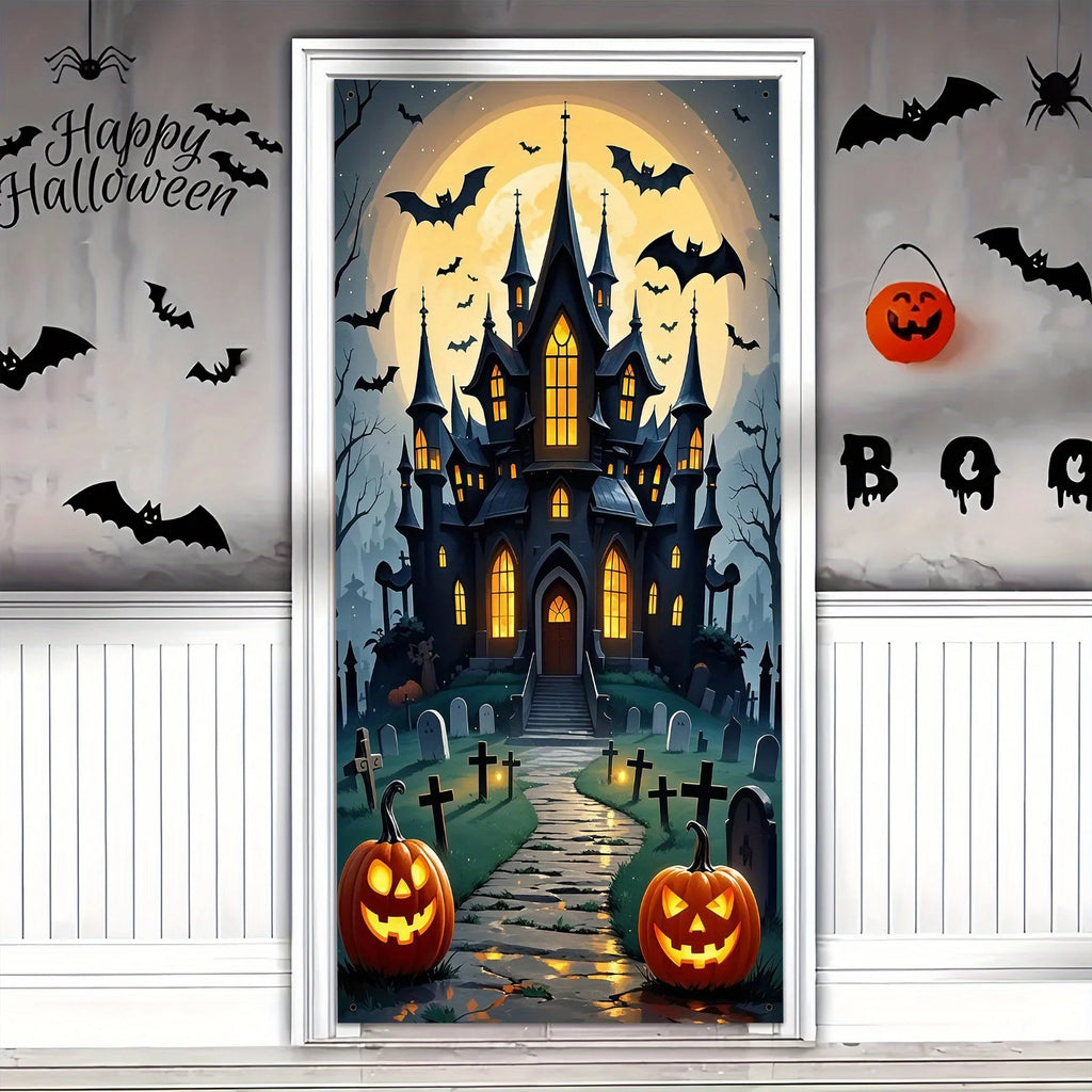 Scary Halloween Door Decoration - Polyester material, full moon and ghost castle design, perfect for party decoration