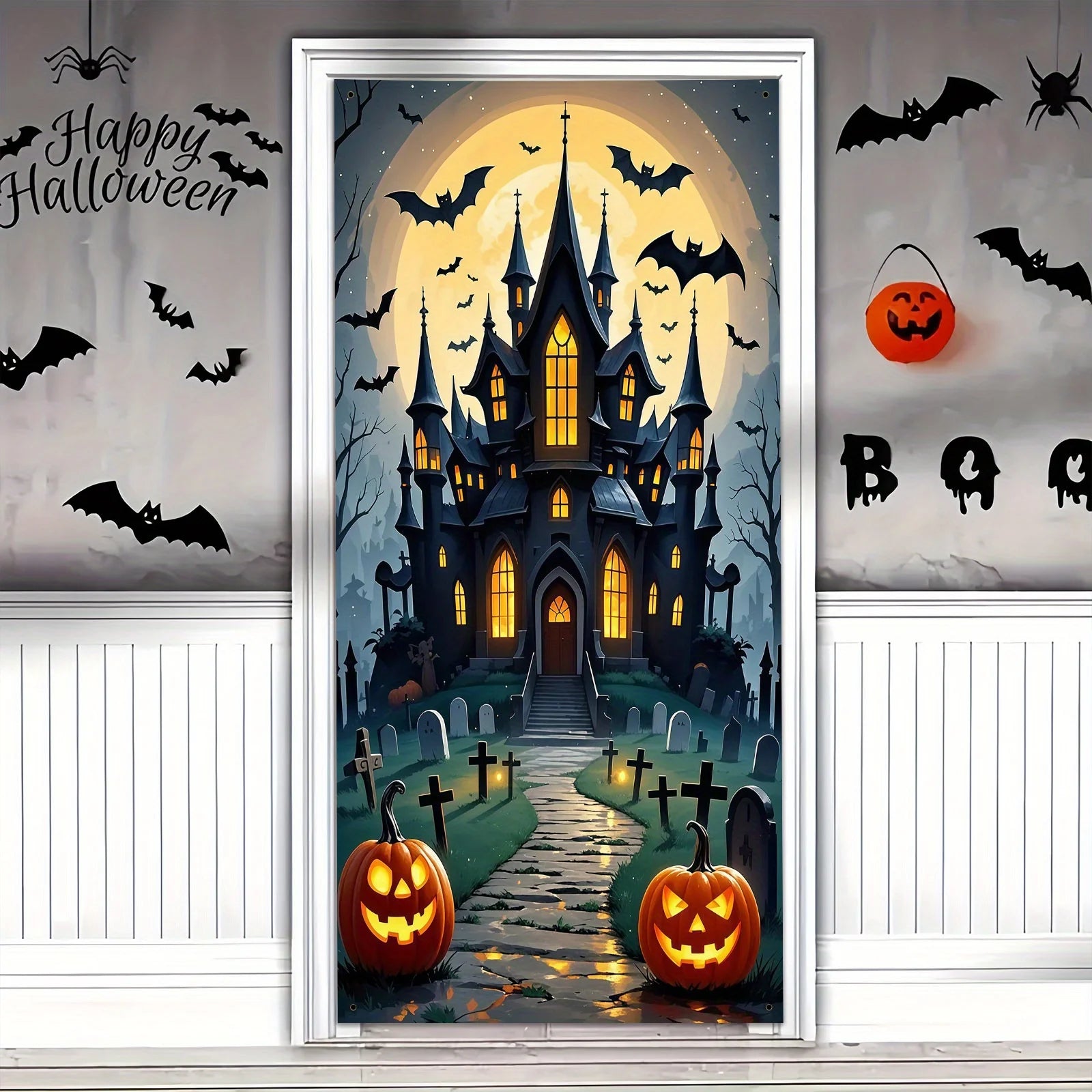 Scary Halloween Door Decoration - Polyester material, full moon and ghost castle design, perfect for party decoration