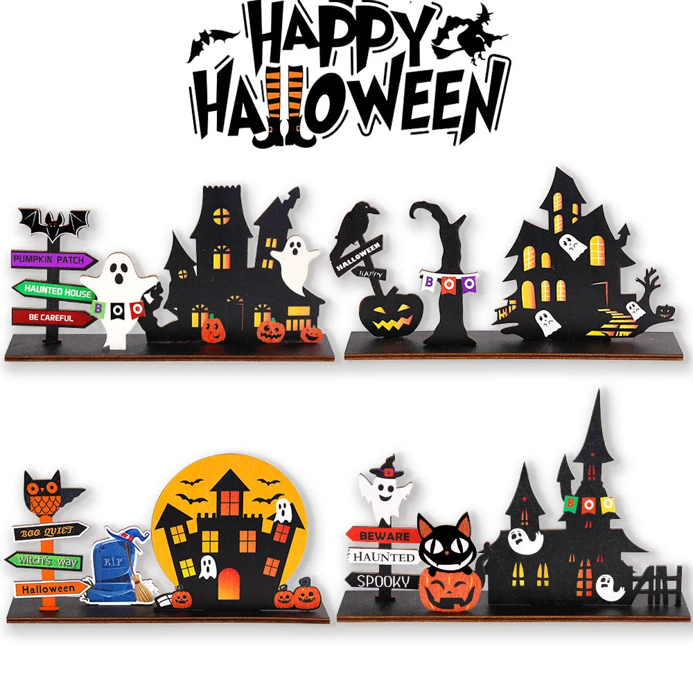 Halloween desktop decoration, haunted house pumpkin wooden center logo, eerie Halloween decoration for family gathering tables