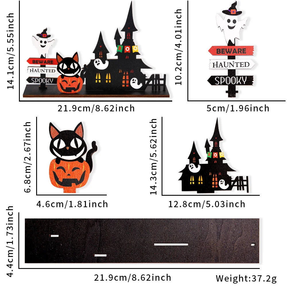 Halloween desktop decoration, haunted house pumpkin wooden center logo, eerie Halloween decoration for family gathering tables