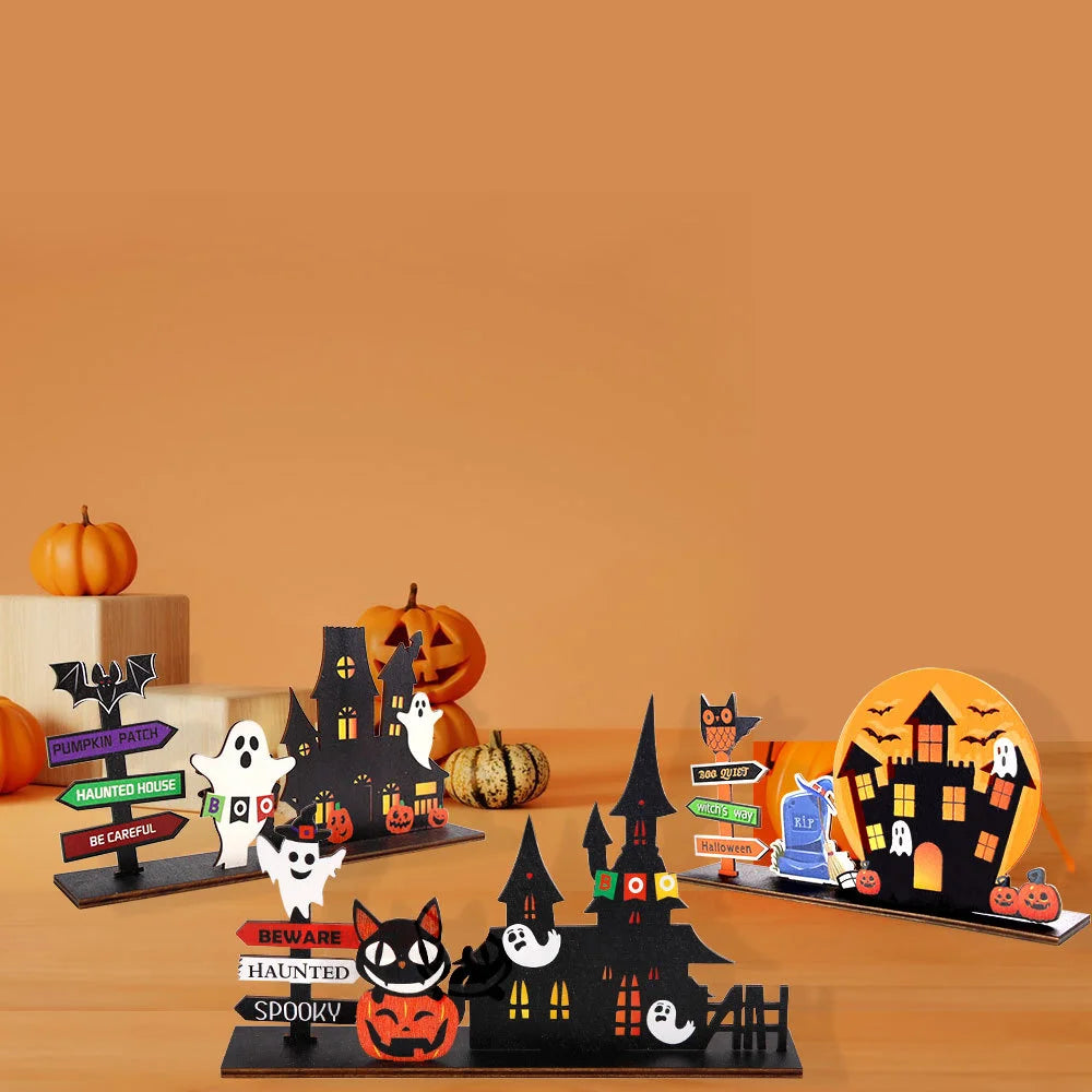 Halloween desktop decoration, haunted house pumpkin wooden center logo, eerie Halloween decoration for family gathering tables