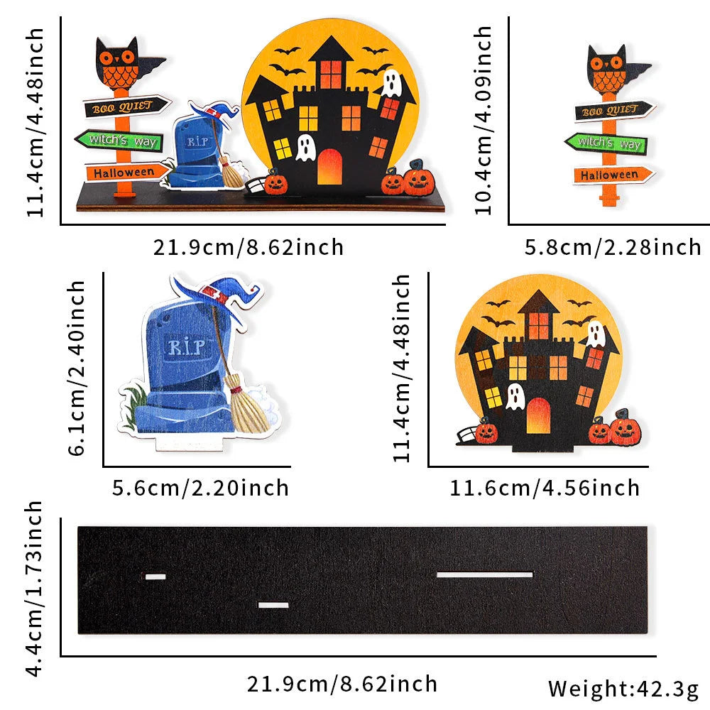 Halloween desktop decoration, haunted house pumpkin wooden center logo, eerie Halloween decoration for family gathering tables