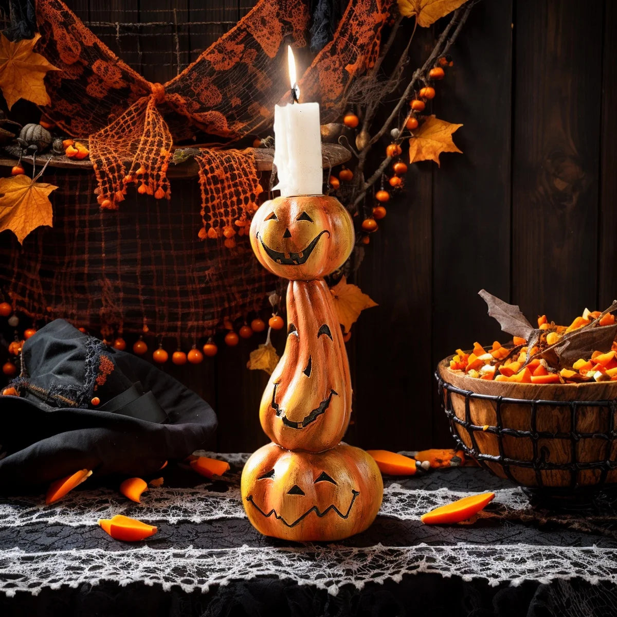 1PC, Halloween Decor 1 Retro Pumpkin-Stacked Candlestick, Resin Home Decoration Handicraft