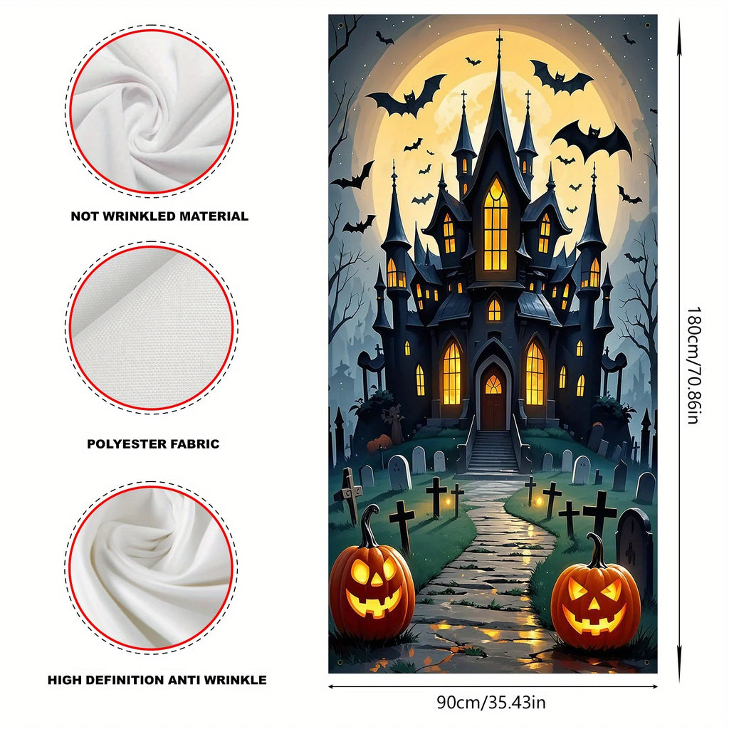Scary Halloween Door Decoration - Polyester material, full moon and ghost castle design, perfect for party decoration