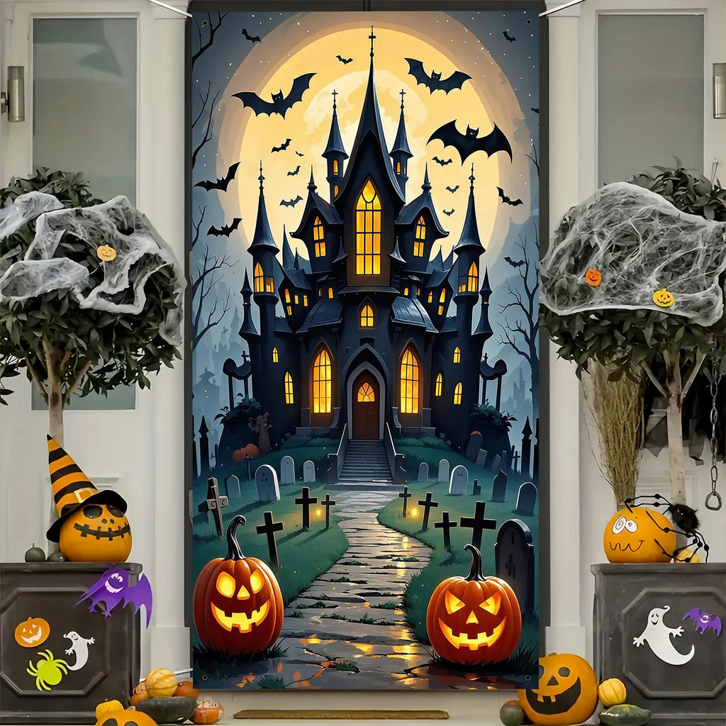 Scary Halloween Door Decoration - Polyester material, full moon and ghost castle design, perfect for party decoration