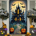 Scary Halloween Door Decoration - Polyester material, full moon and ghost castle design, perfect for party decoration