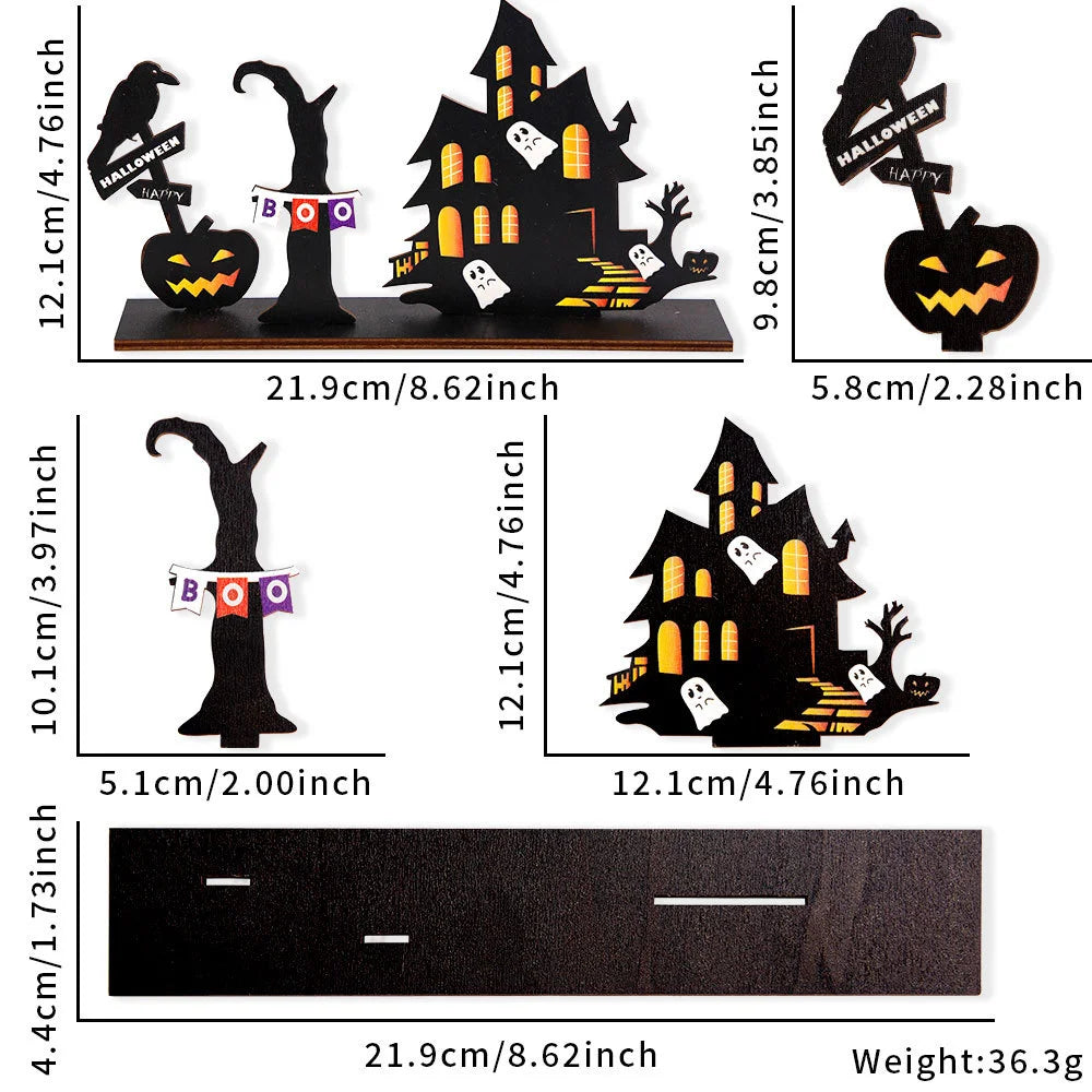 Halloween desktop decoration, haunted house pumpkin wooden center logo, eerie Halloween decoration for family gathering tables
