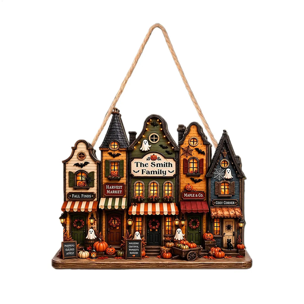 Halloween Town Wooden Ornaments 2D Wooden Ghost Castle Pumpkin House Style Courtyard Entrance Wall Decoration Doorplate