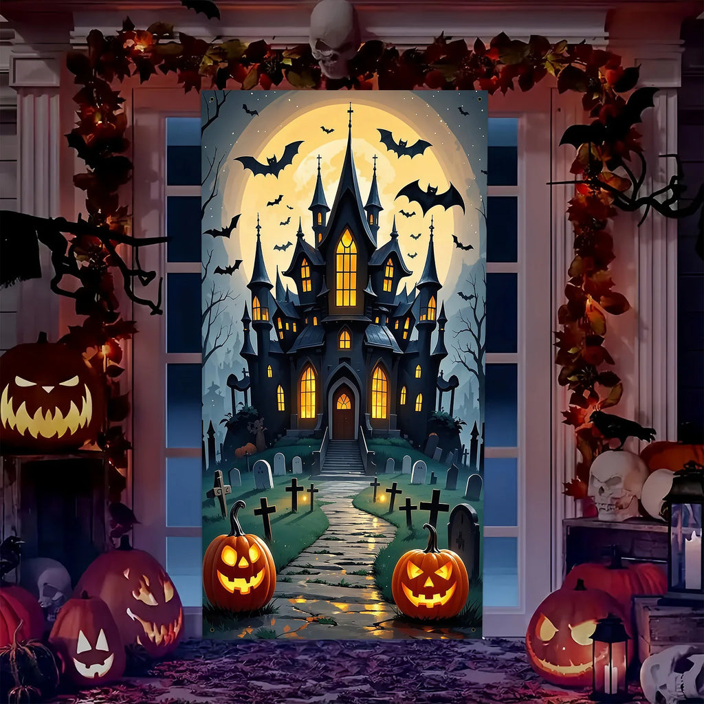 Scary Halloween Door Decoration - Polyester material, full moon and ghost castle design, perfect for party decoration