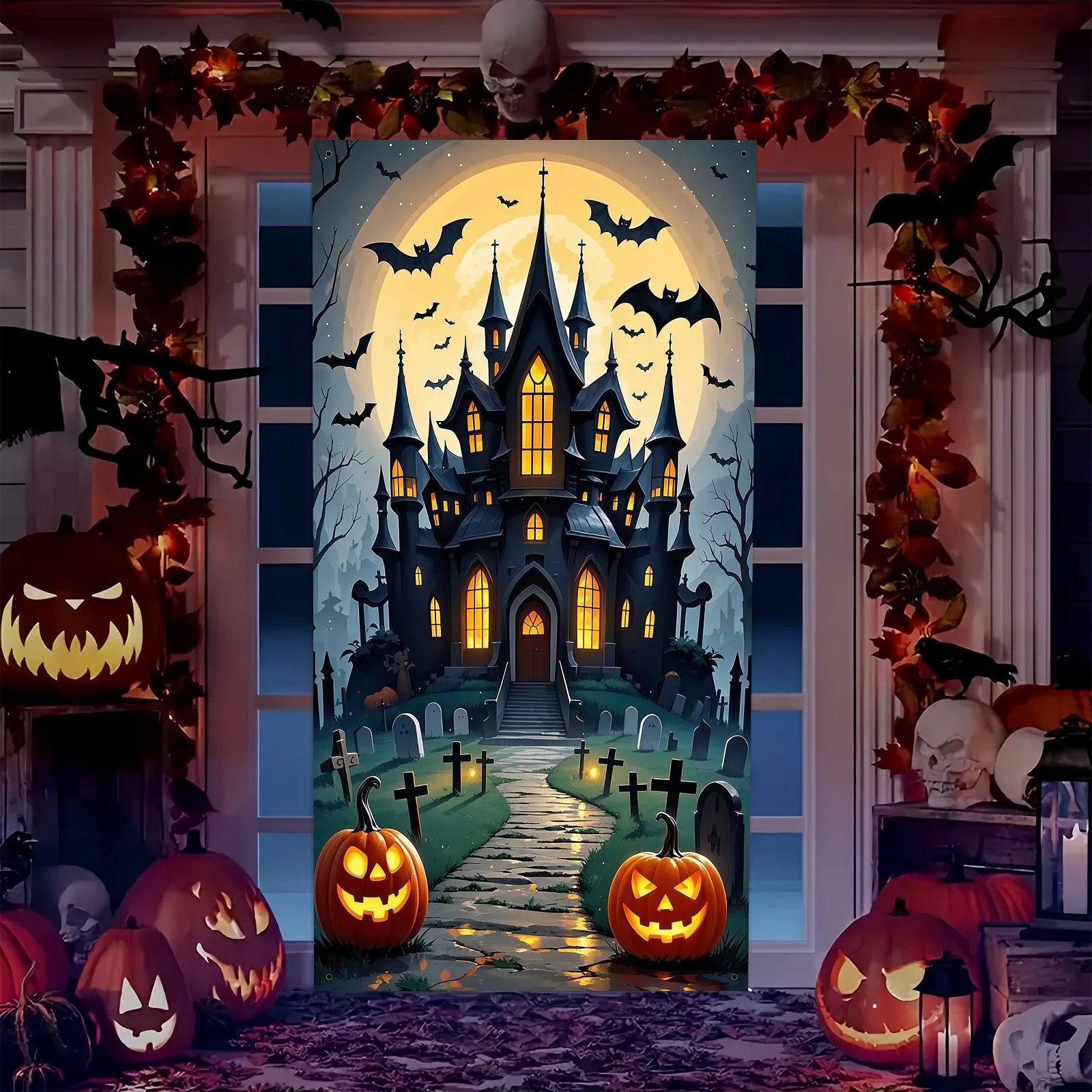 Scary Halloween Door Decoration - Polyester material, full moon and ghost castle design, perfect for party decoration