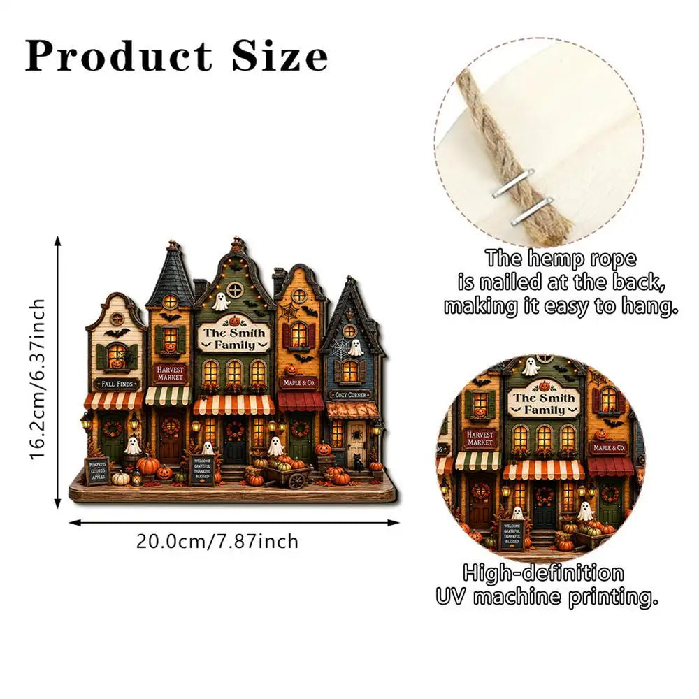 Halloween Town Wooden Ornaments 2D Wooden Ghost Castle Pumpkin House Style Courtyard Entrance Wall Decoration Doorplate