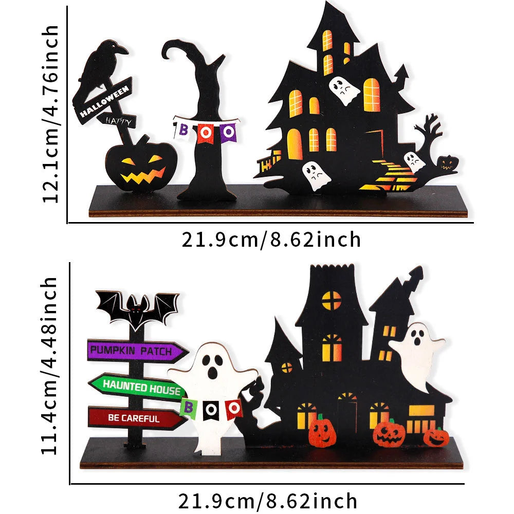 Halloween desktop decoration, haunted house pumpkin wooden center logo, eerie Halloween decoration for family gathering tables