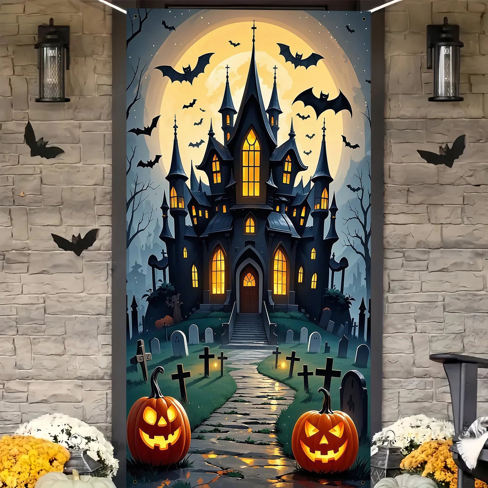 Scary Halloween Door Decoration - Polyester material, full moon and ghost castle design, perfect for party decoration