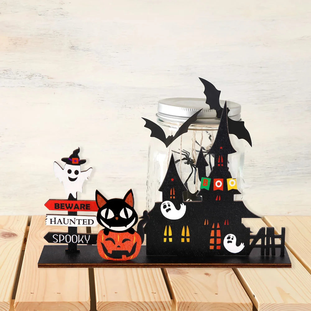 Halloween desktop decoration, haunted house pumpkin wooden center logo, eerie Halloween decoration for family gathering tables